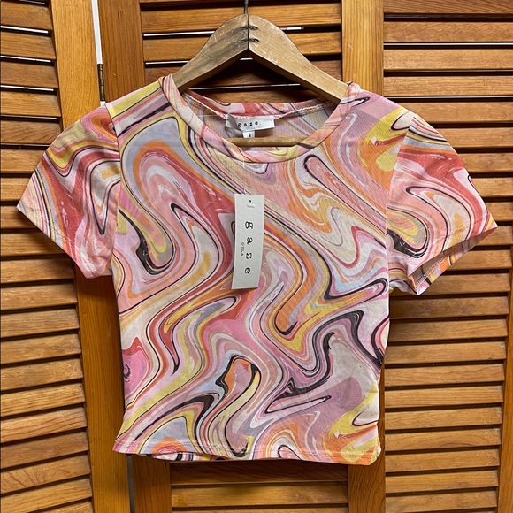 gaze Tops - Gaze Sheer Multicolor Swirl Crop Top
